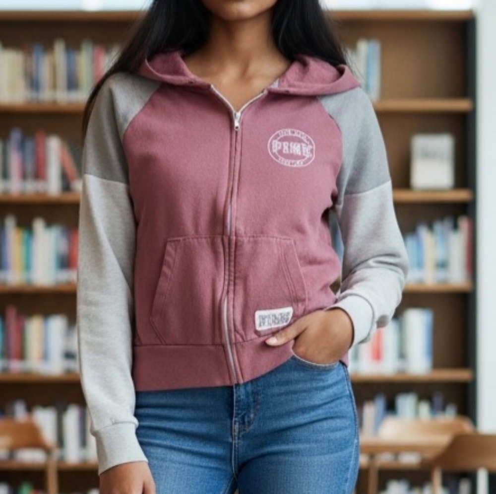 Victoria's Secret Pink Colorblock Perfect Hoodie Small Full Zip Soft Begonia